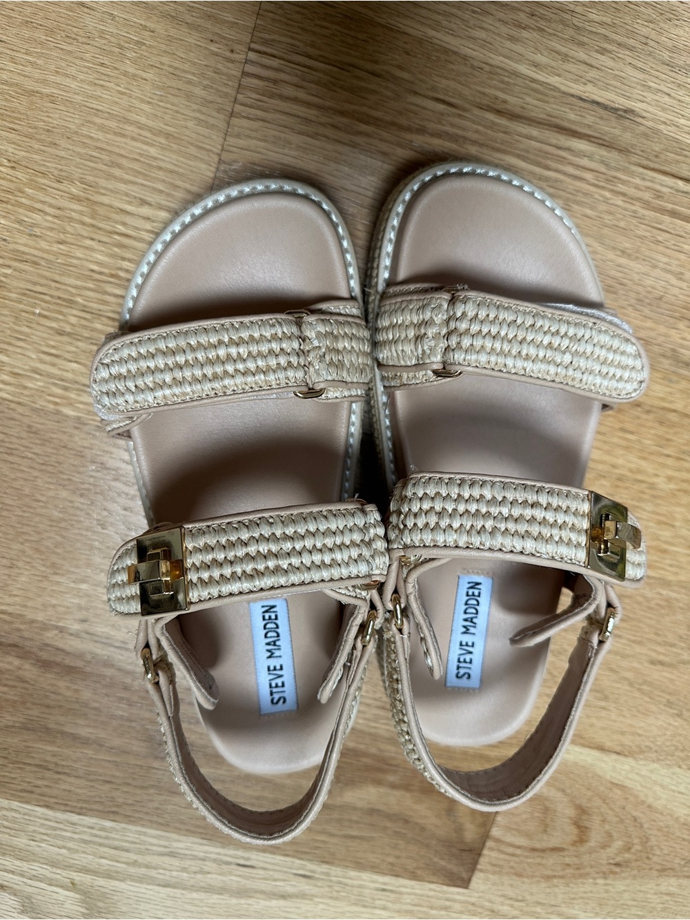 Steve Madden Women’s Nude Raffia Double Strap Sandals with Gold Hardware